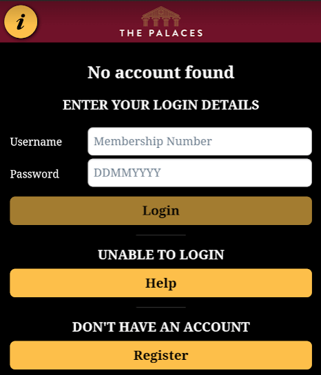 Palaces App Login Screen